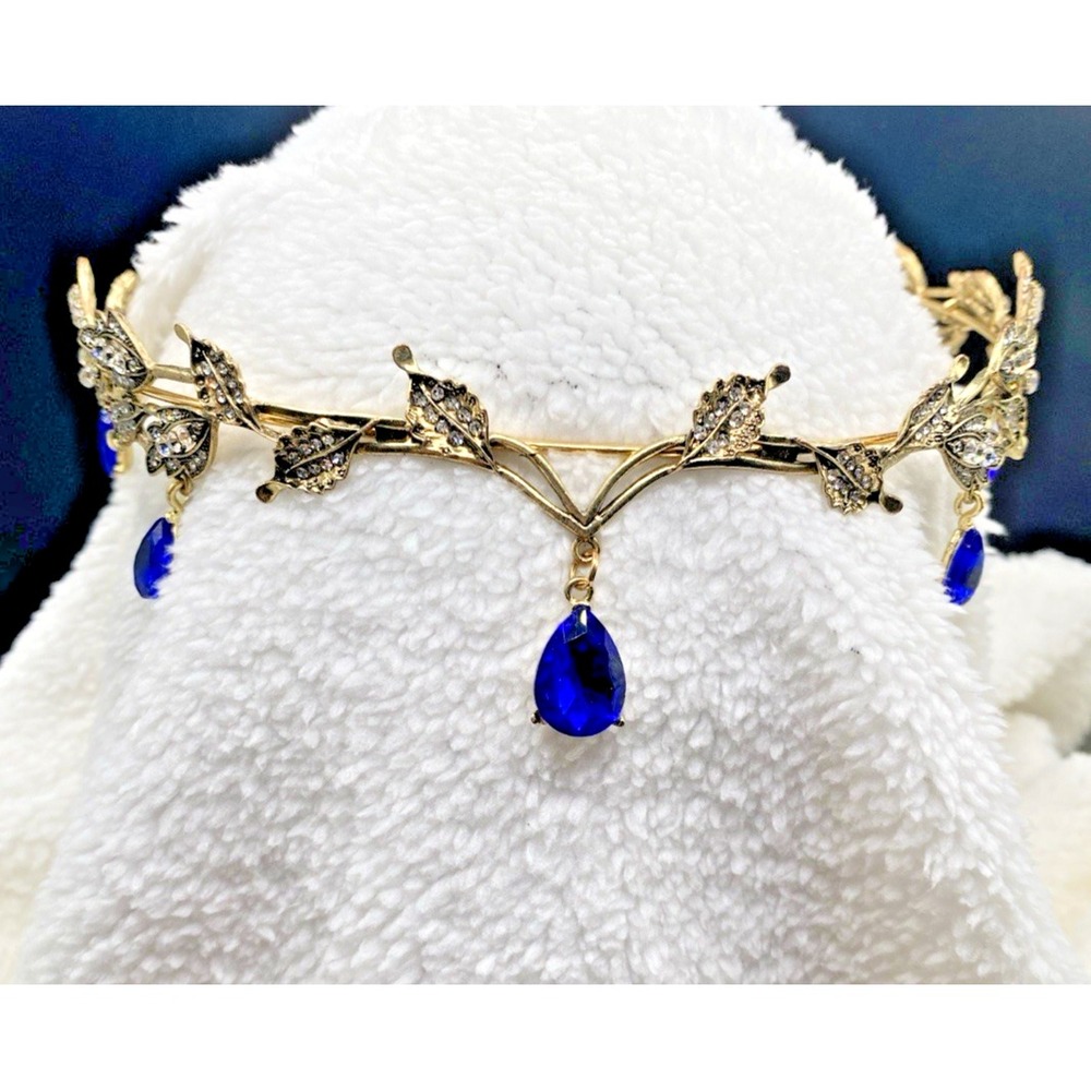 Octavia's Crystal Drop Fairy Elvin Headband Gold Royal Blue Cosplay Costume - Picture 4 of 10